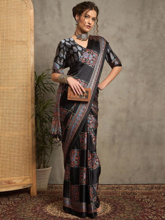 Ajrak Crepe Block Print Sarees 406