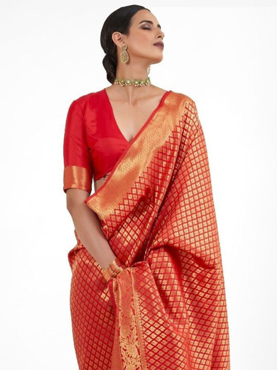 Golden Red Zari Woven Kanjivaram Silk Saree