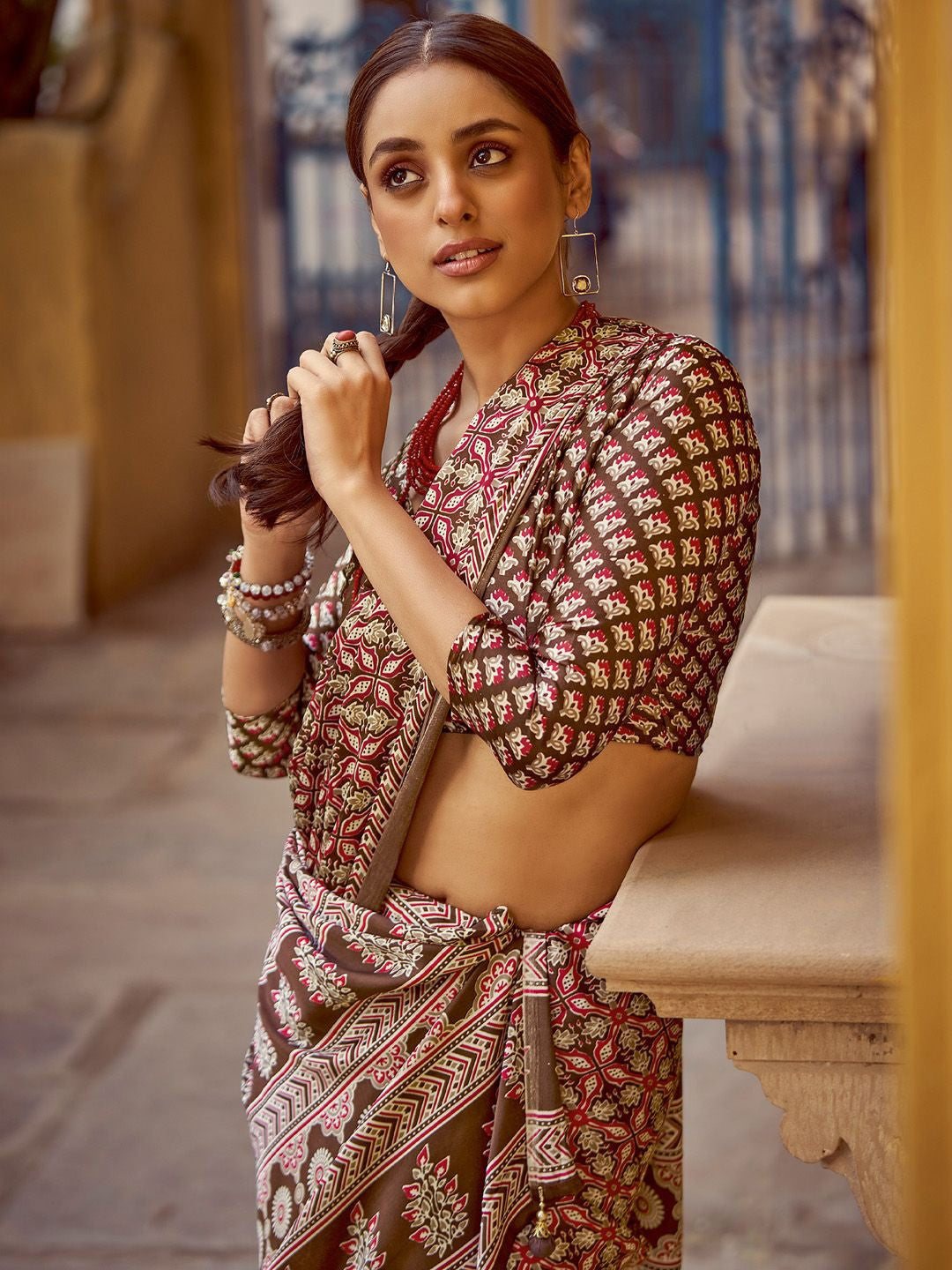 Brown New Ajrakh Printed Satin Crepe Saree