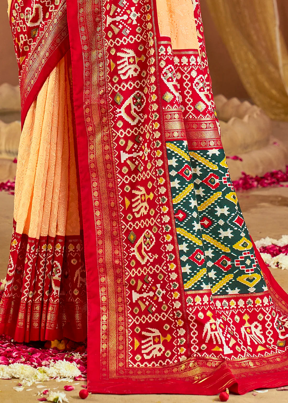 Yellow Embroidery Chikankari Patola Handloom Saree with Contrass Blouse