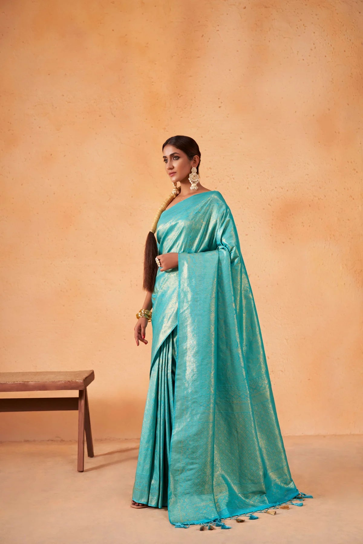 Cyan Blue Gold Zari Kanjeevaram Silk Saree