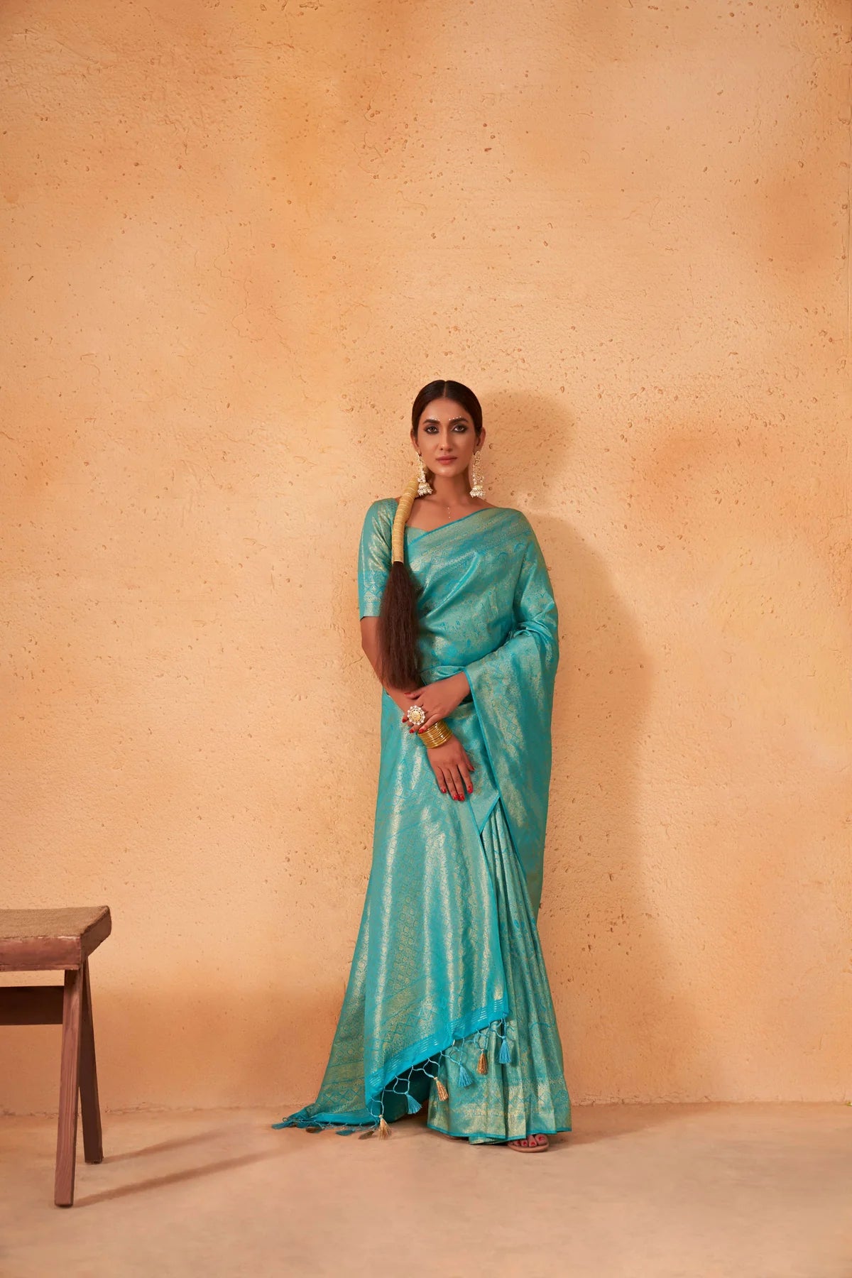 Cyan Blue Gold Zari Kanjeevaram Silk Saree