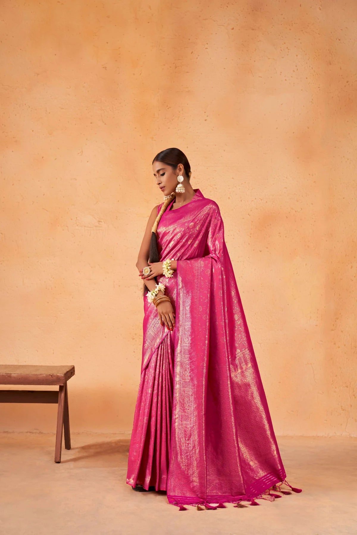 Pink Gold Zari Kanjeevaram Silk Saree