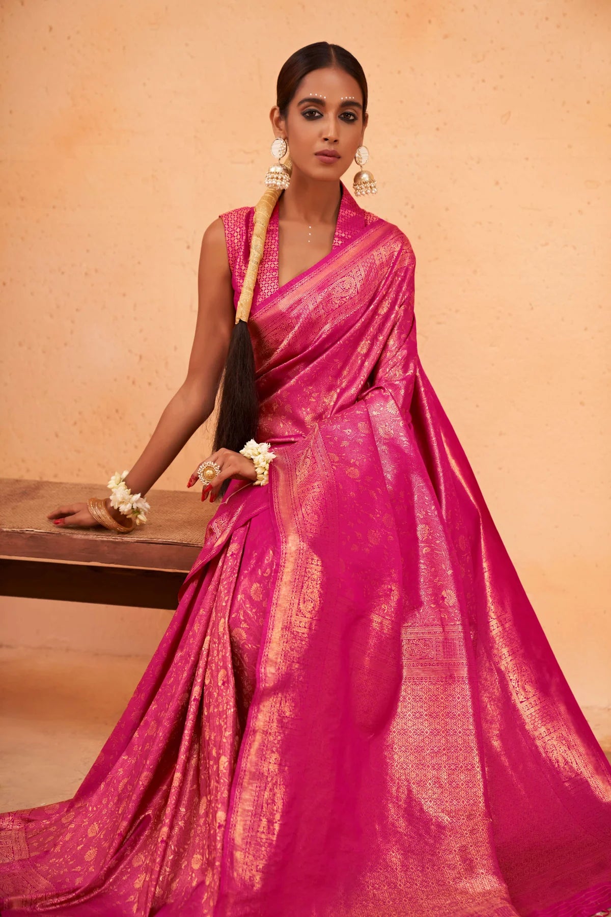 Pink Gold Zari Kanjeevaram Silk Saree