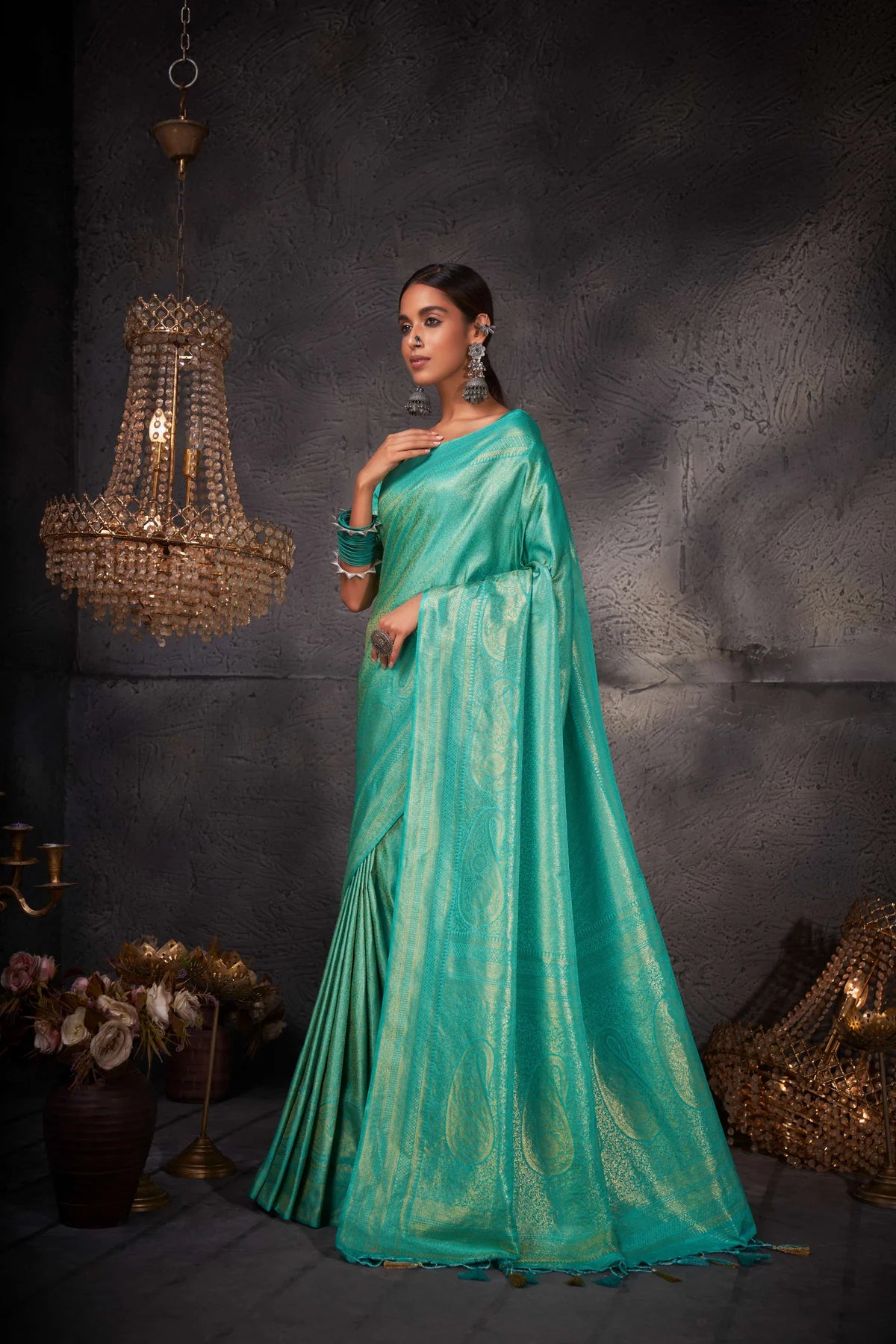 Turquoise Blue Gold Zari Kanjeevaram Silk Saree