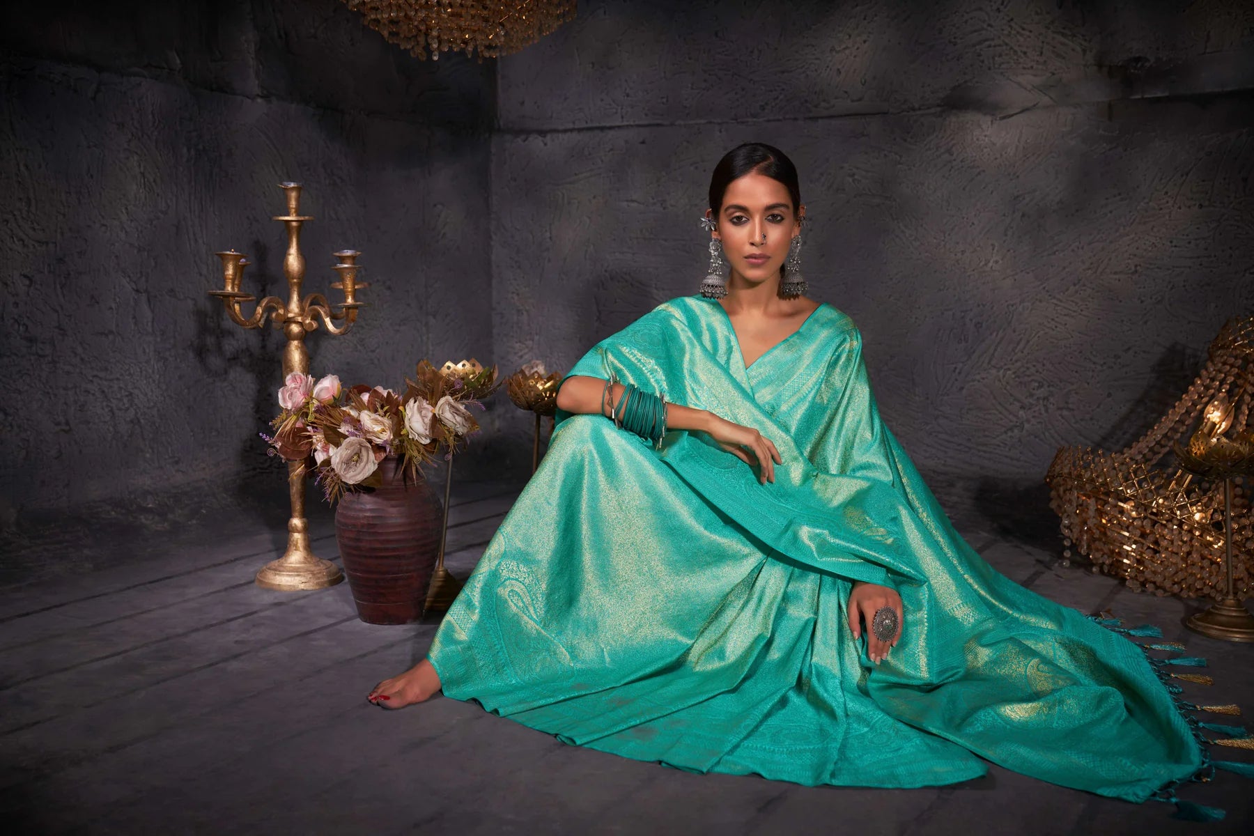 Turquoise Blue Gold Zari Kanjeevaram Silk Saree