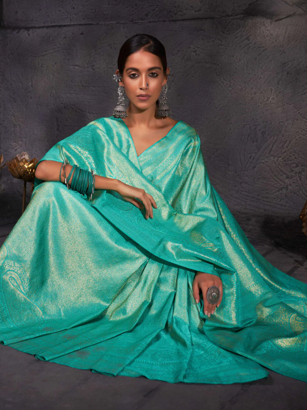 Turquoise Blue Gold Zari Kanjeevaram Silk Saree