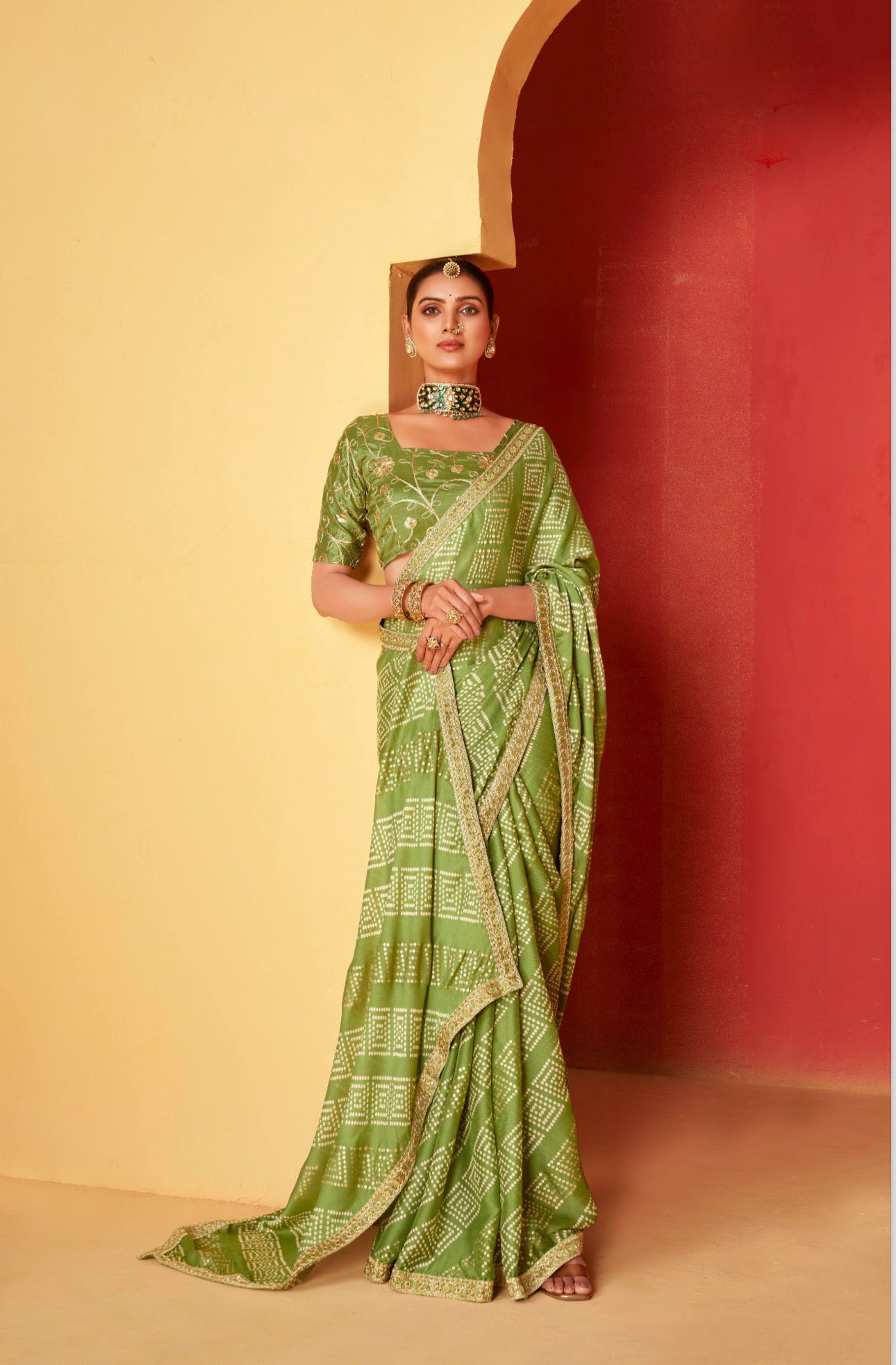 Khaki Green Moss Chiffon Foil Mill Print And Embroidery Work Border Saree With Fancy Work Blouse Sbs4