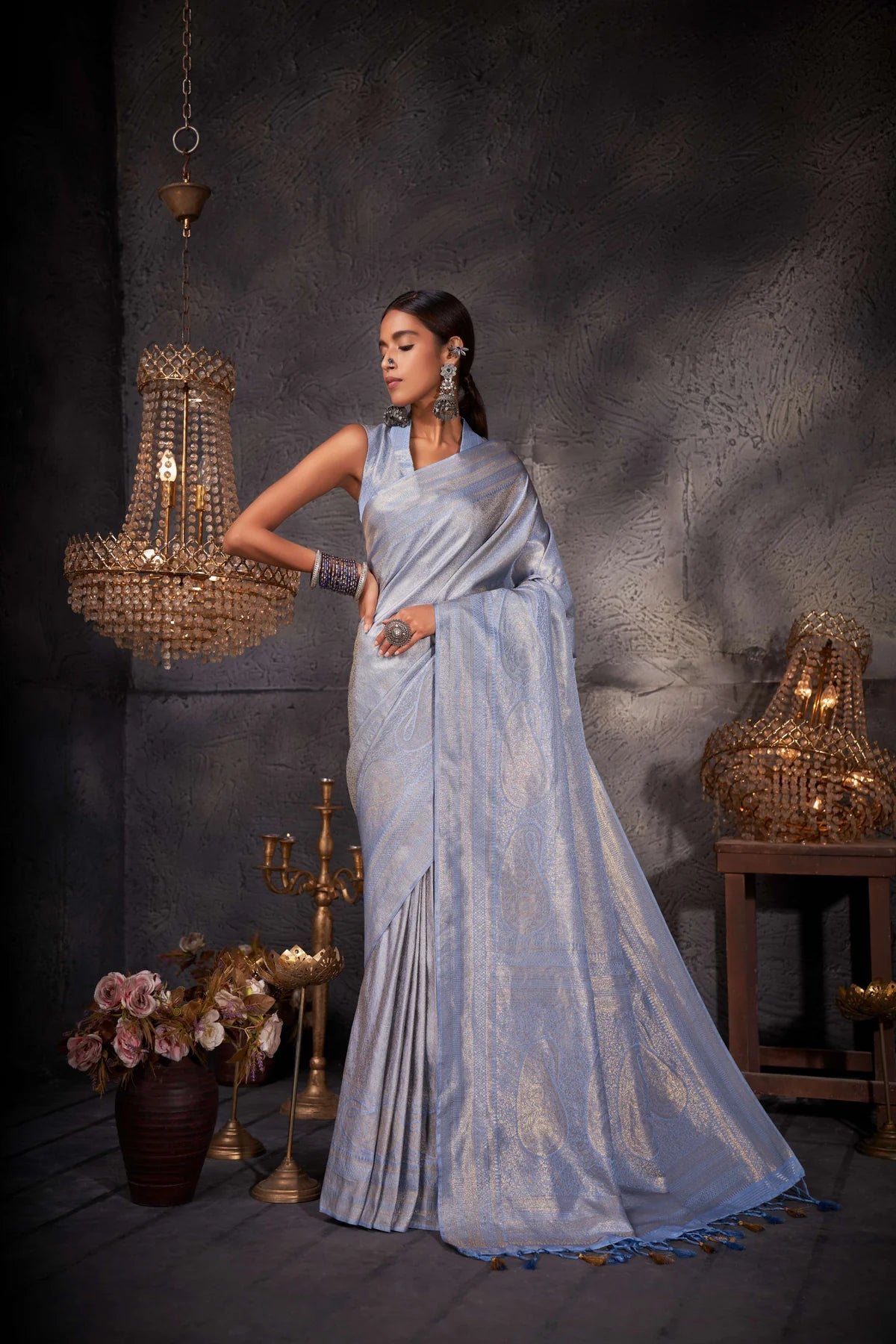 Light Blue Gold Zari Kanjeevaram Silk Saree