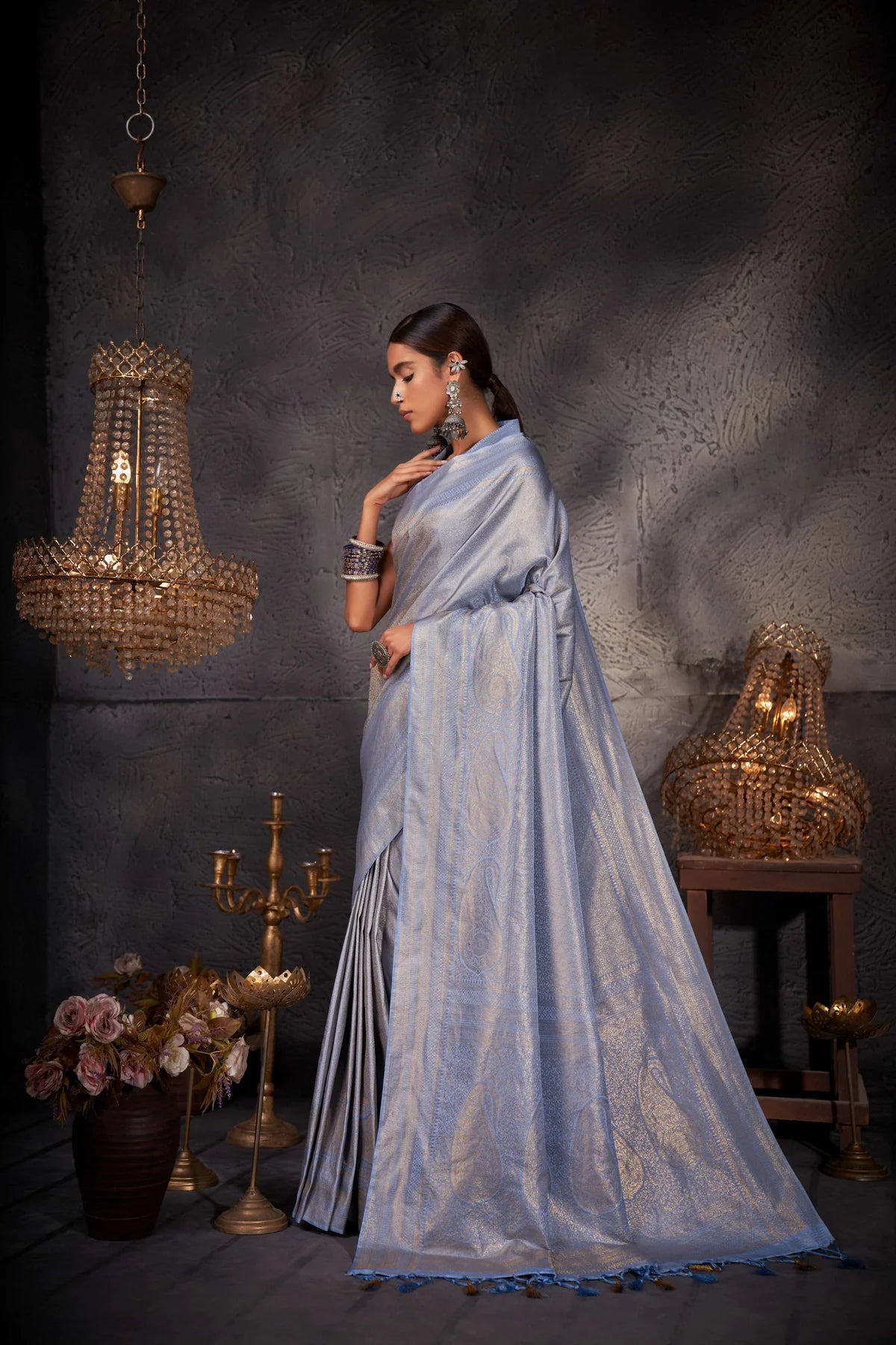 Light Blue Gold Zari Kanjeevaram Silk Saree