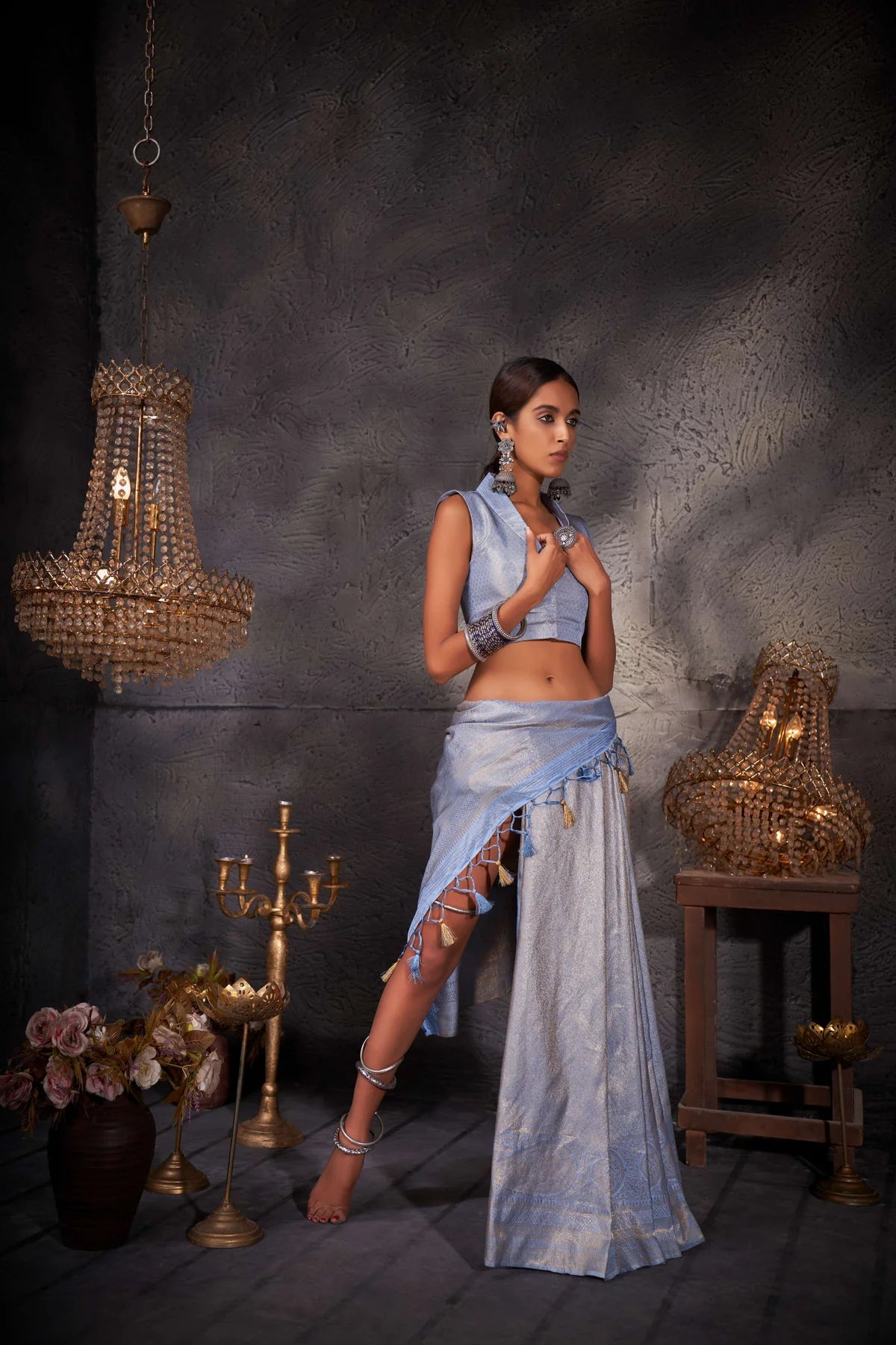 Light Blue Gold Zari Kanjeevaram Silk Saree