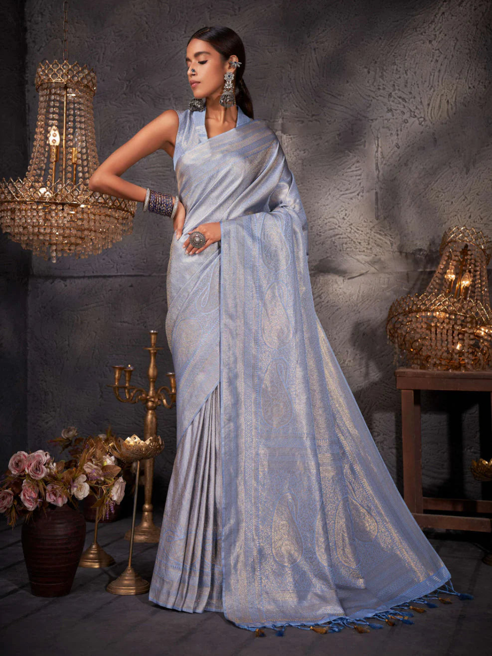 Light Blue Gold Zari Kanjeevaram Silk Saree