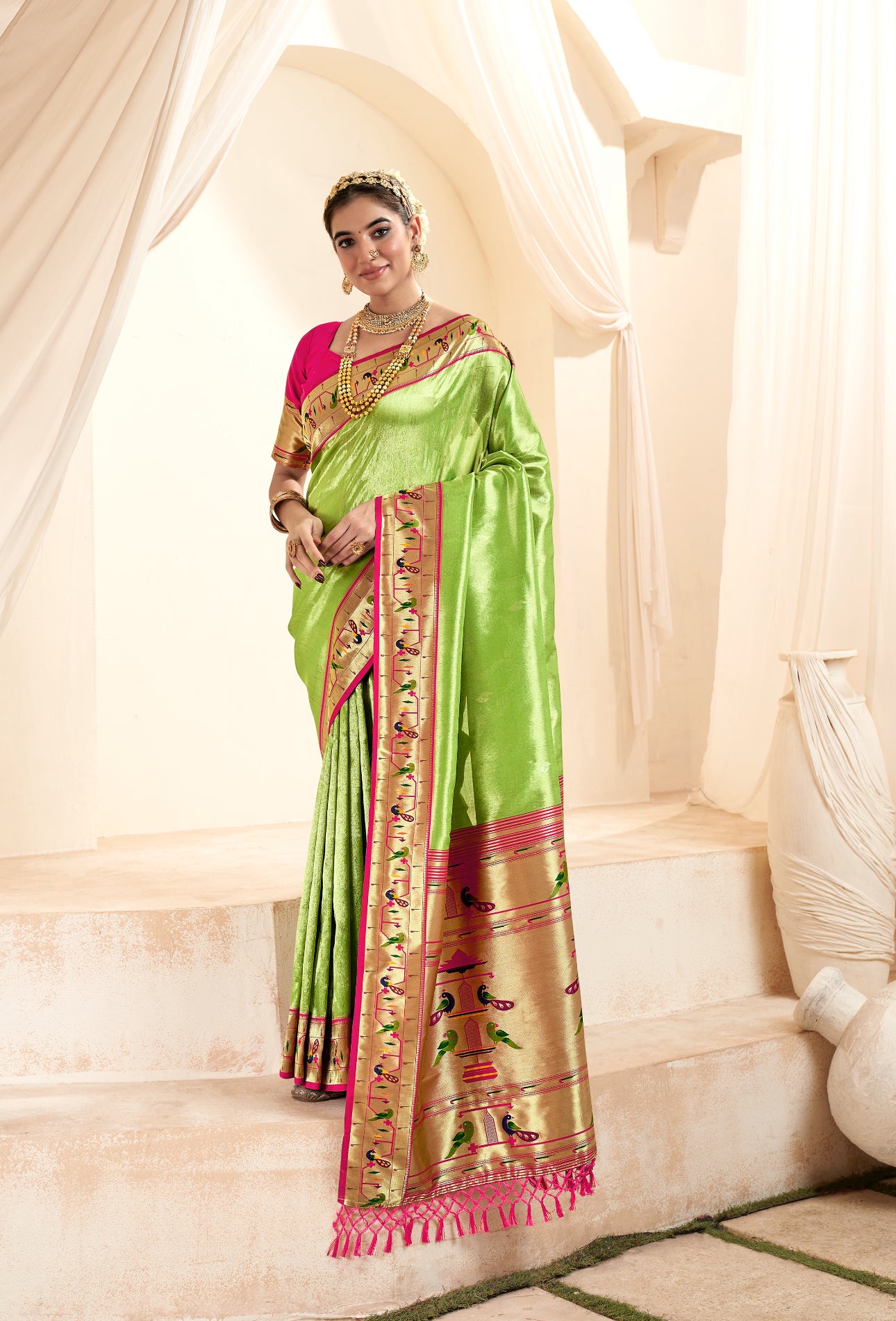 Light Olive Green Weaving Paithani Tissue Silk Saree RP5