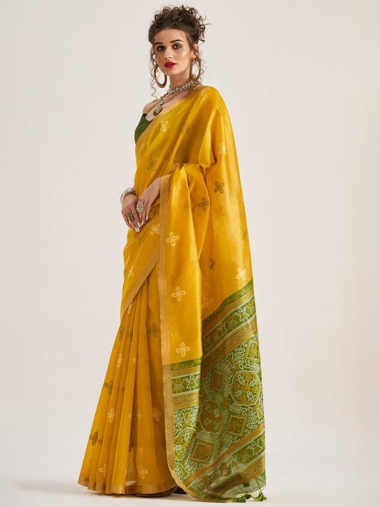 Pirate Yellow Patola Handloom Saree With Fancy Blouse