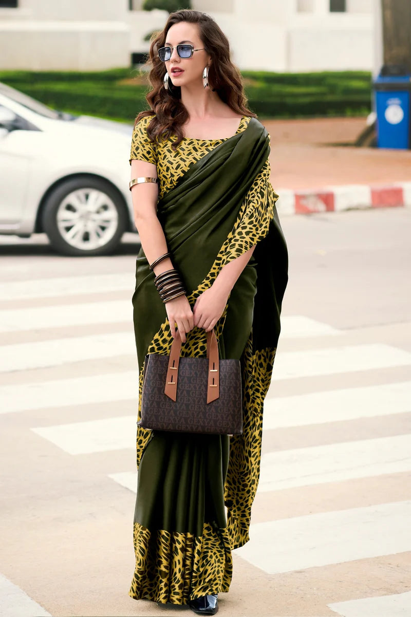 Dark Green Fancy Printed Satin Modal Silk Sarees R2