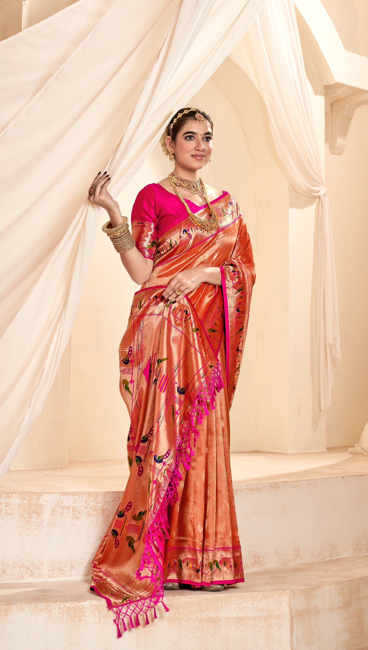 Pastel Red Weaving Paithani Tissue Silk Saree RP5