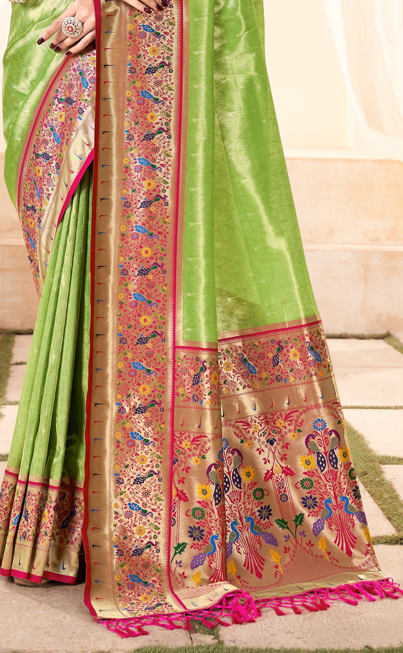 Parrot Green Weaving Paithani Tissue Silk Saree RP6