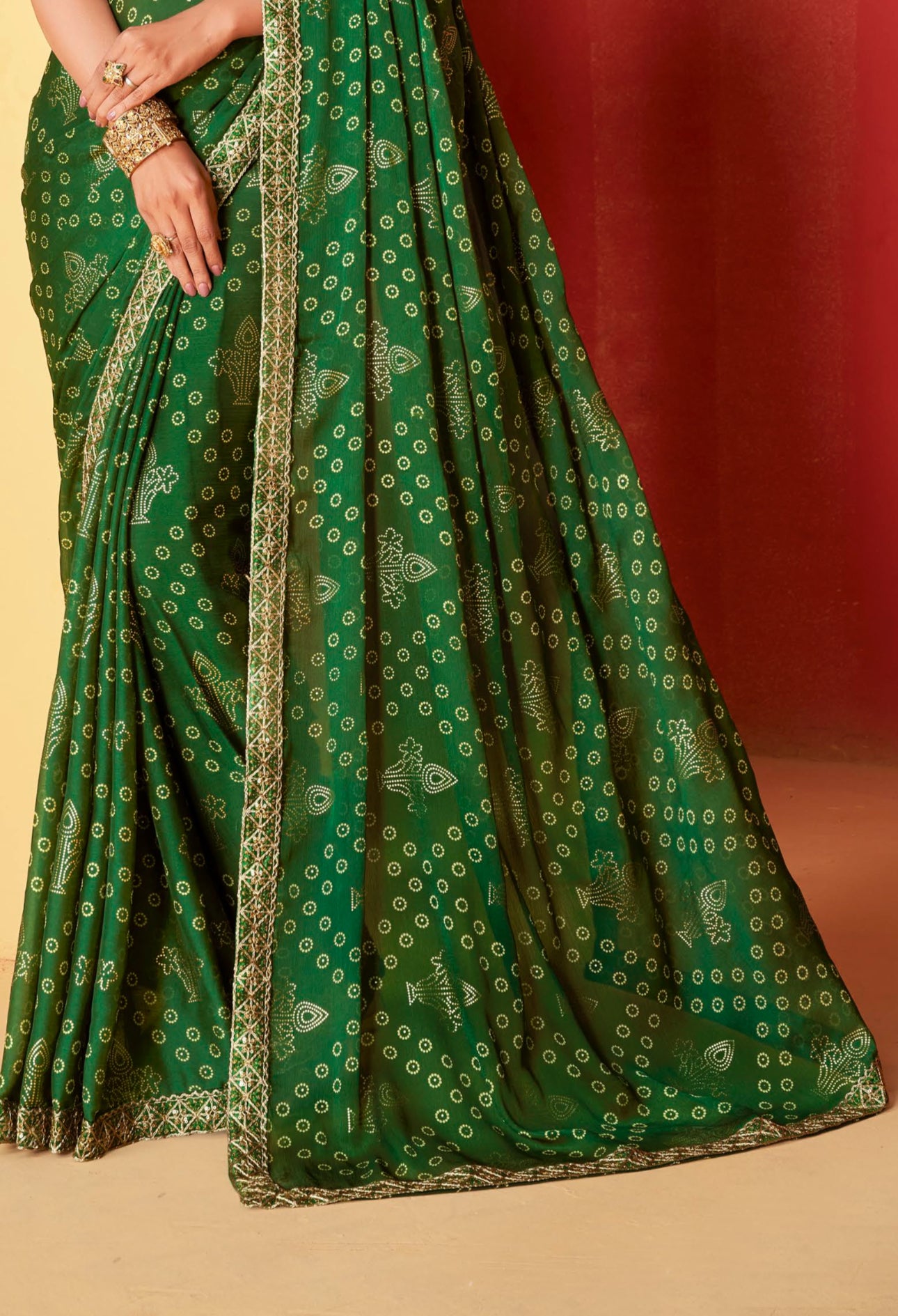 Green Moss Chiffon Foil Mill Print And Embroidery Work Border Saree With Fancy Work Blouse Sbs4