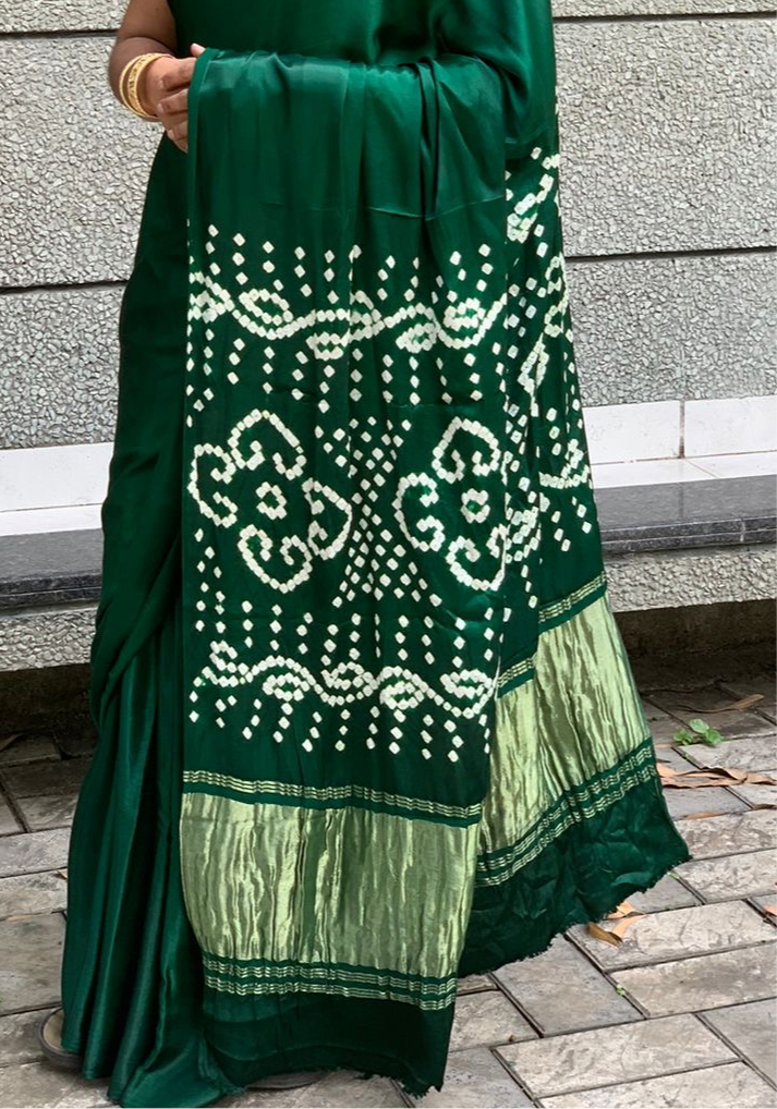 Green Pure Bandhni Zari Pallu Modal Silk Saree