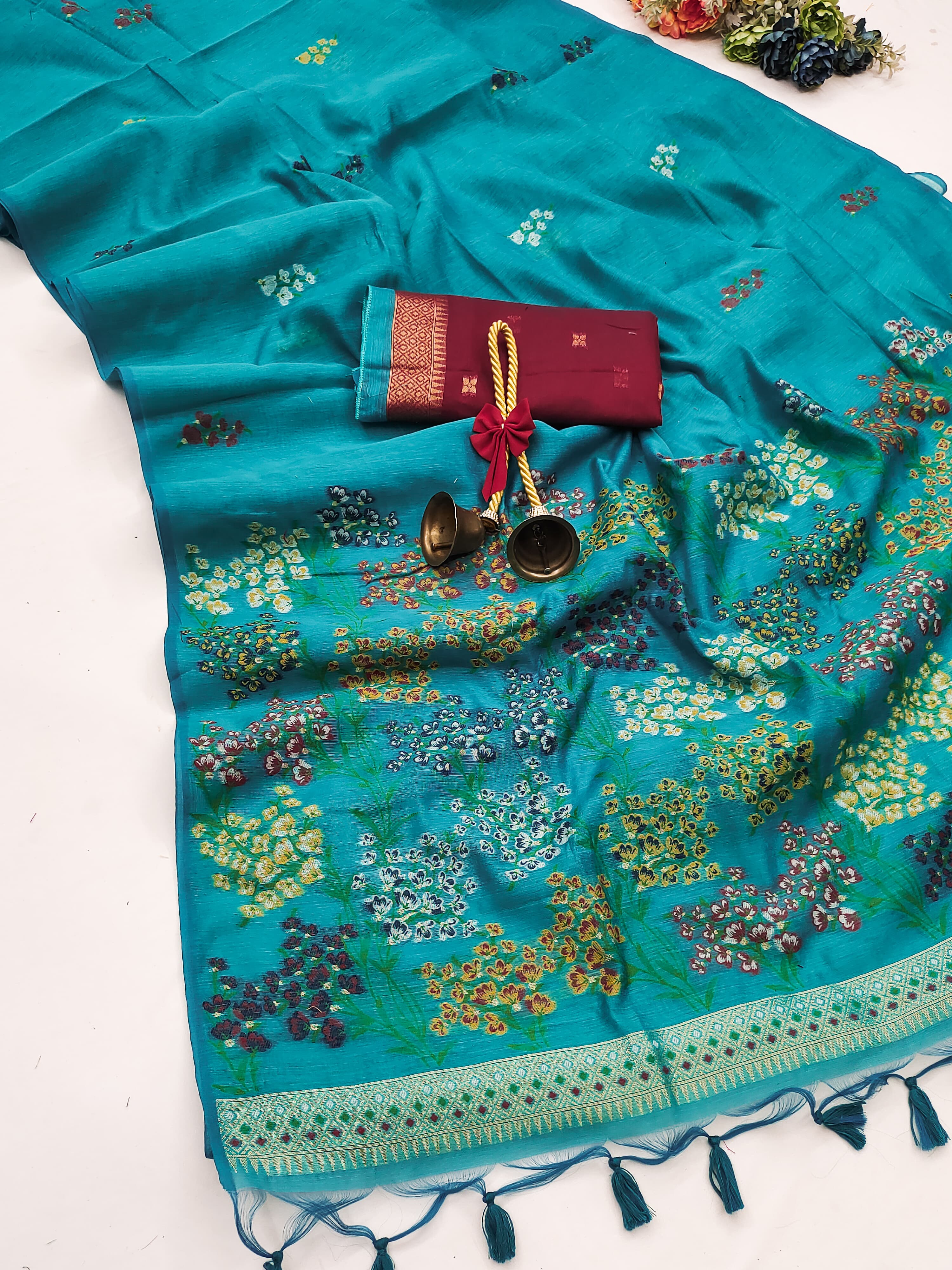Water Blue Handloom Cotton Soft Silk Saree With Blouse