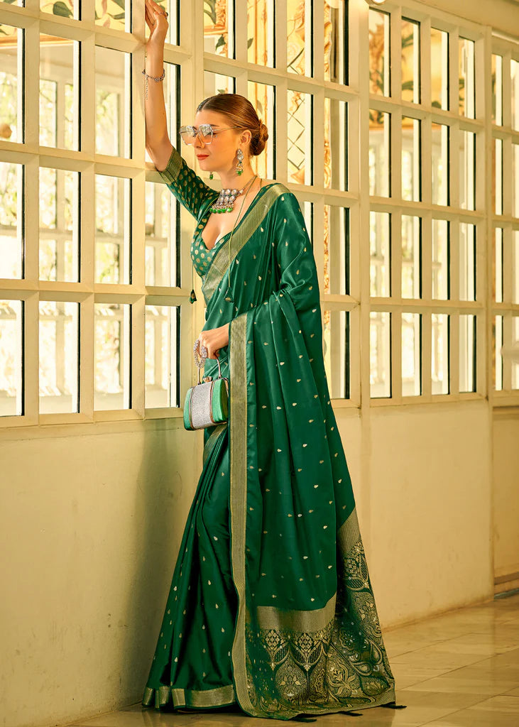 Dark Green Traditional Banarasi Satin Silk Saree