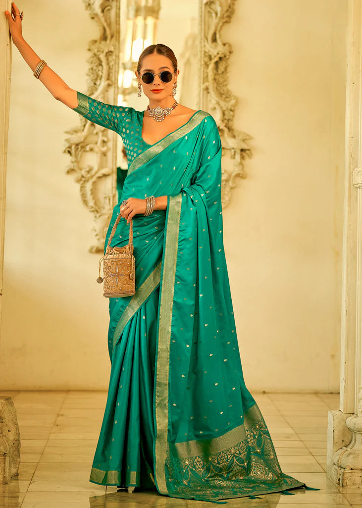 Aqua Green Traditional Banarasi Satin Silk Saree