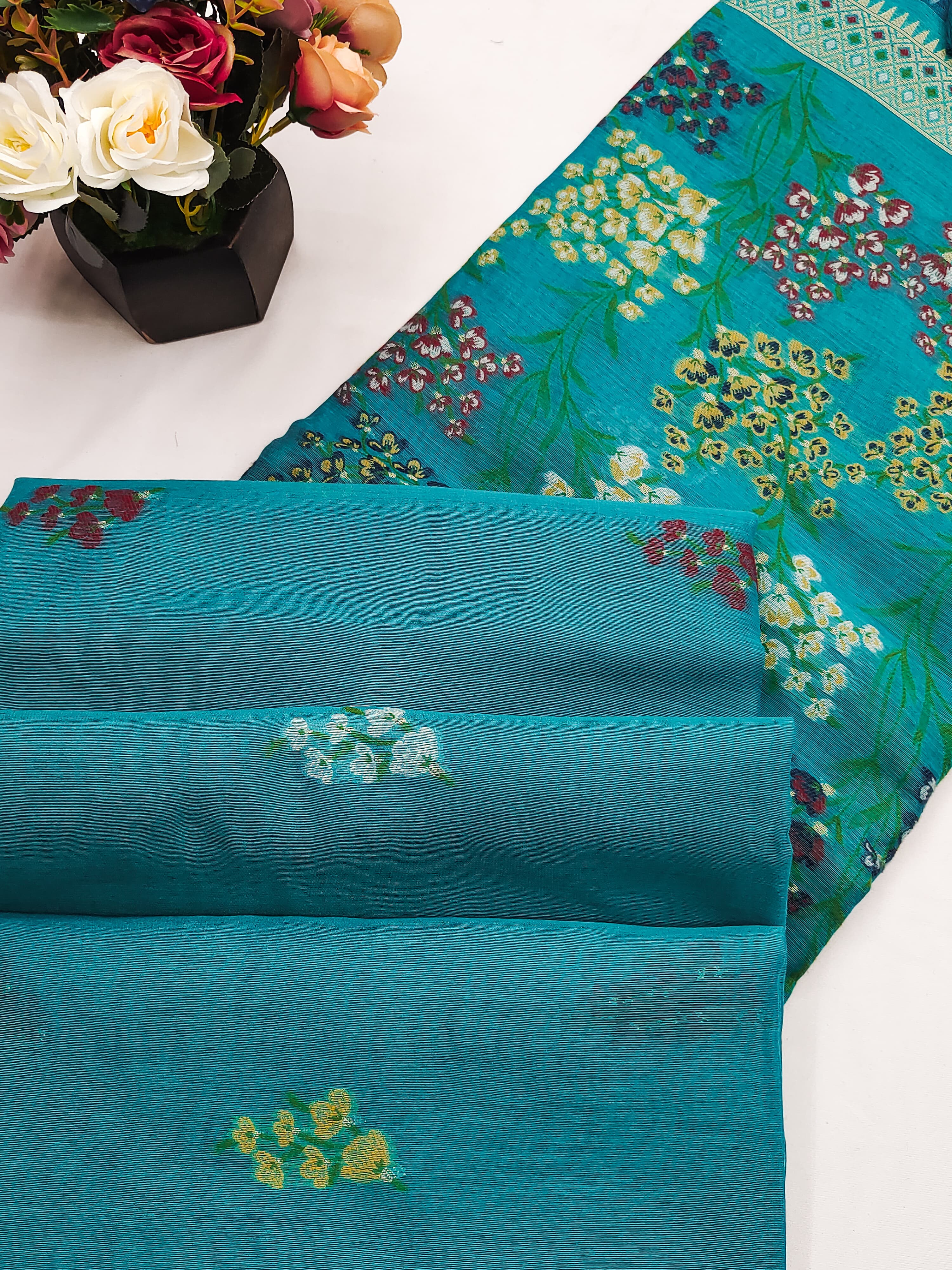 Water Blue Handloom Cotton Soft Silk Saree With Blouse