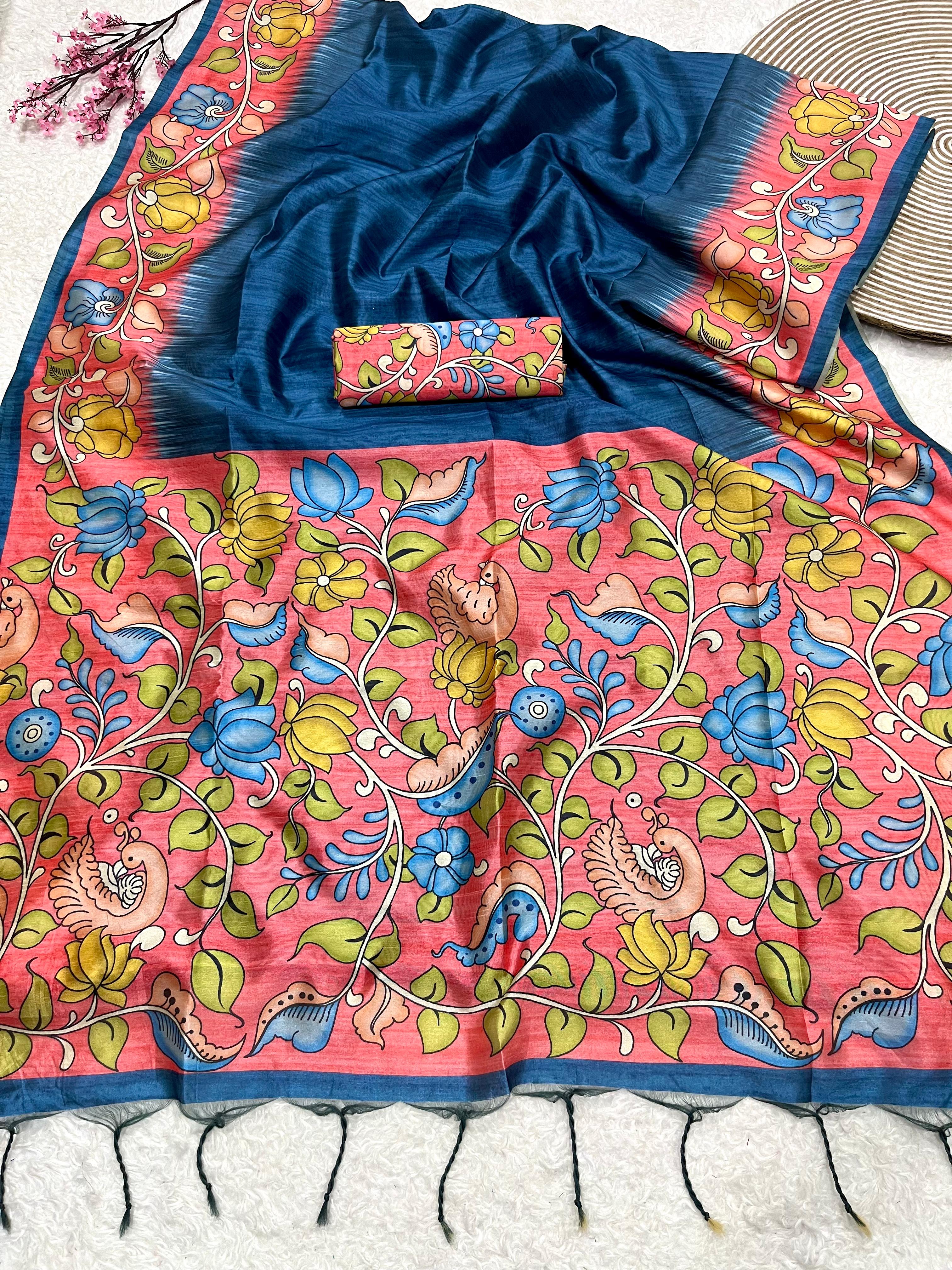 Vista Blue Tussar Silk Kalamkari Printed Saree With Blouse