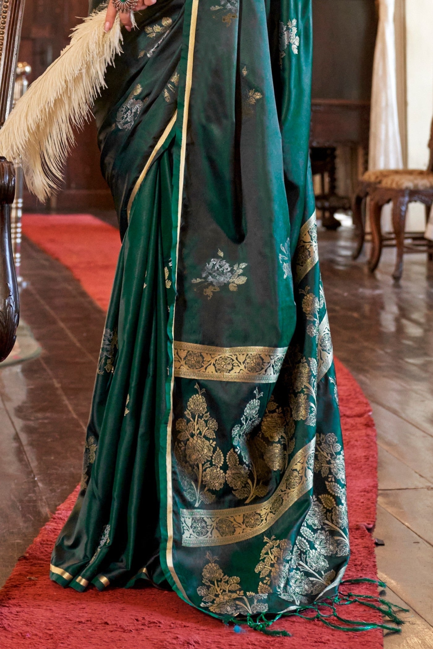 Jungle Green Banarasi Satin Soft Silk Saree