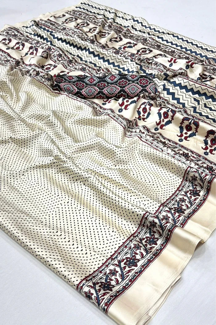 Cream Printed Ajrakh Satin Crepe Saree A2