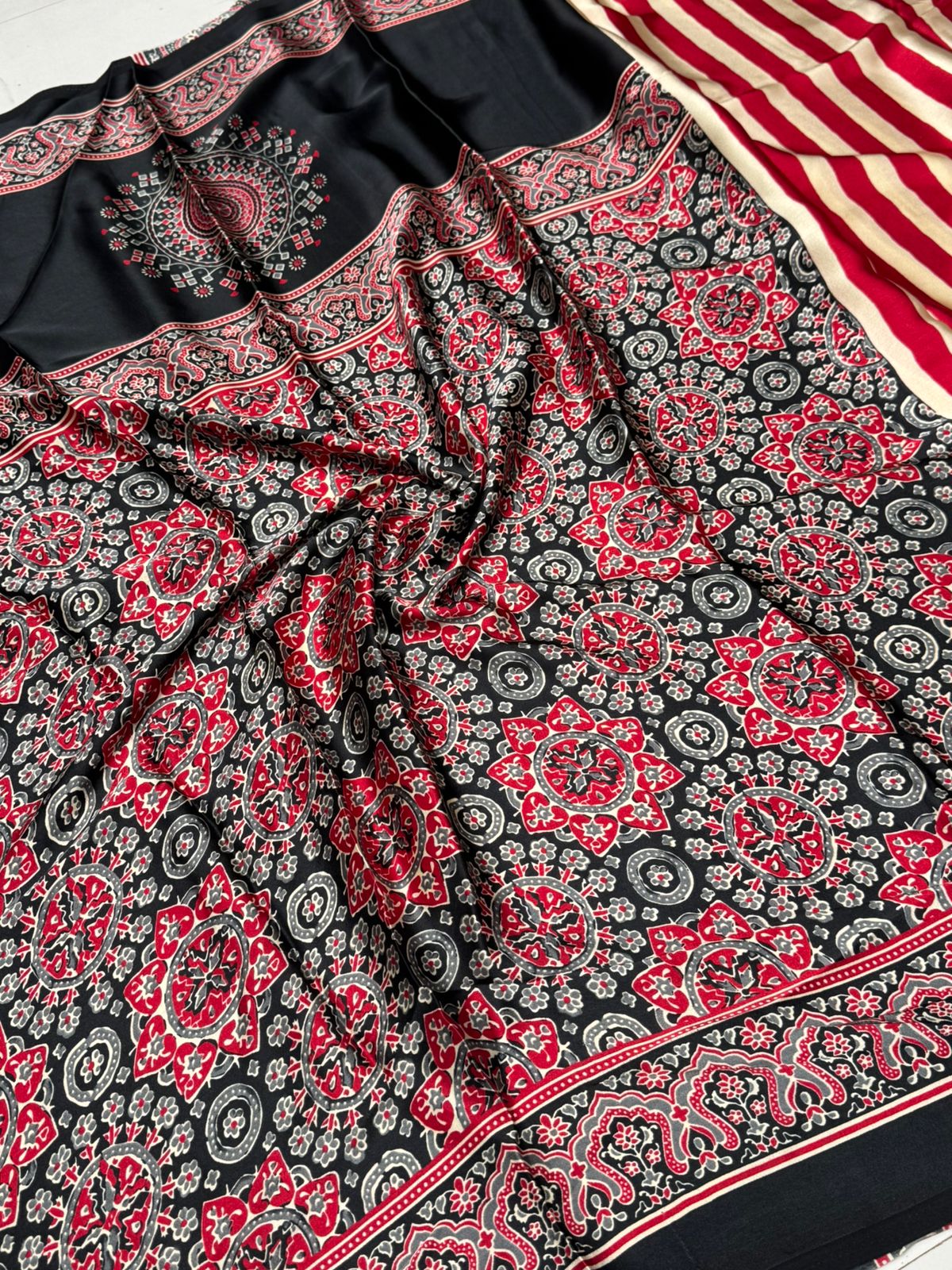 Redish Maroon Striped Ajrakh Hand-Printed Modal Silk Saree