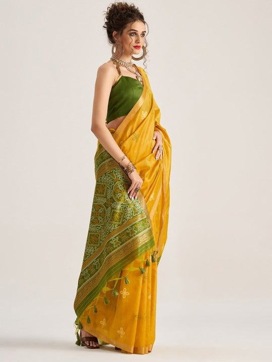 Pirate Yellow Patola Handloom Saree With Fancy Blouse