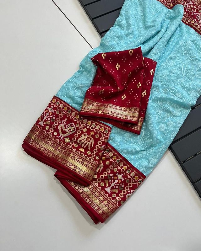 Sky Blue Embroidery Chikankari Patola Handloom Saree with Contrass Blouse