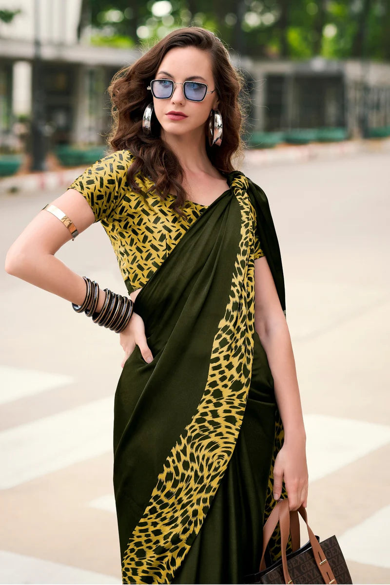 Dark Green Fancy Printed Satin Modal Silk Sarees R2