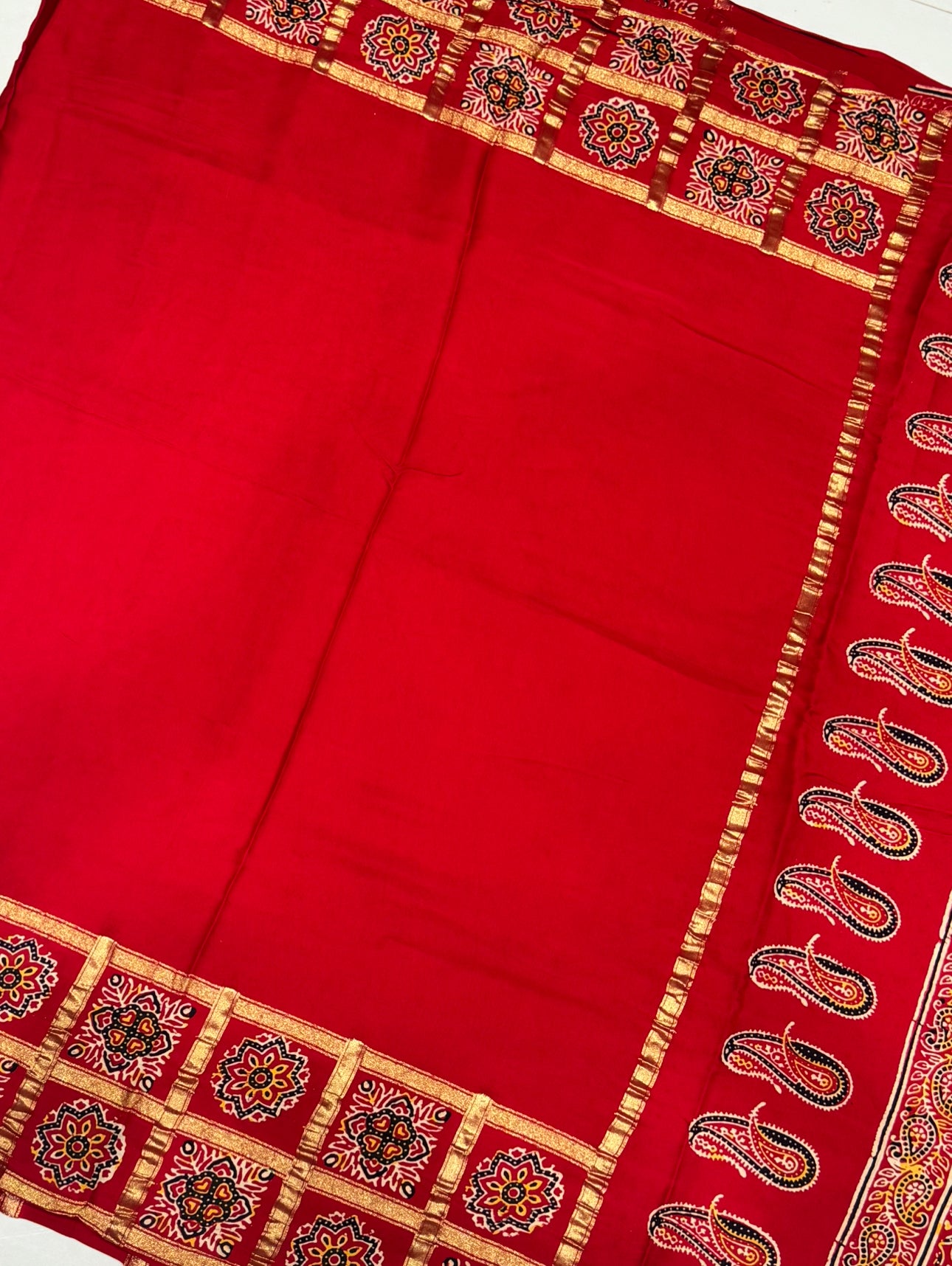 Red Ajrakh Gharchola Border Hand Block Pure Modal Silk Saree With Fancy Ajrakh And Zari Pallu