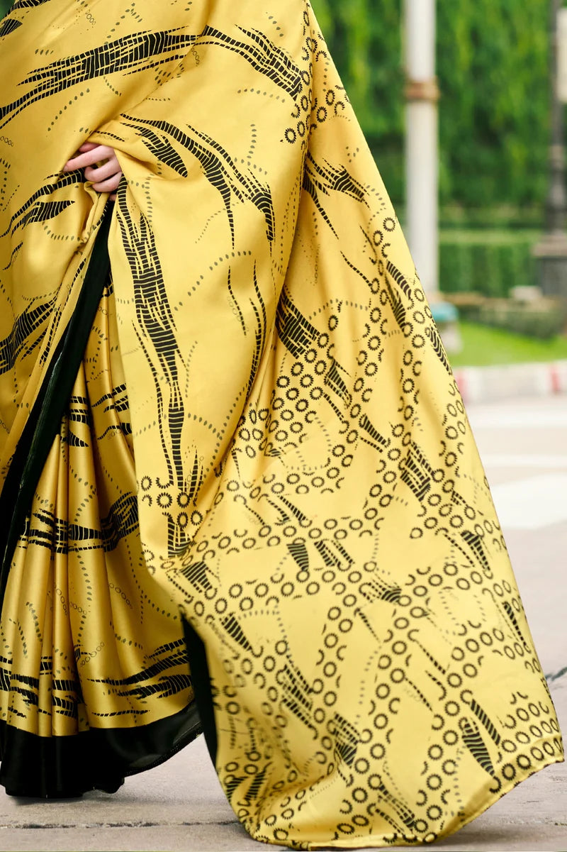 Yellow Fancy Printed Satin Modal Silk Sarees R2