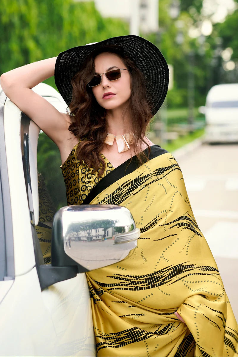 Yellow Fancy Printed Satin Modal Silk Sarees R2