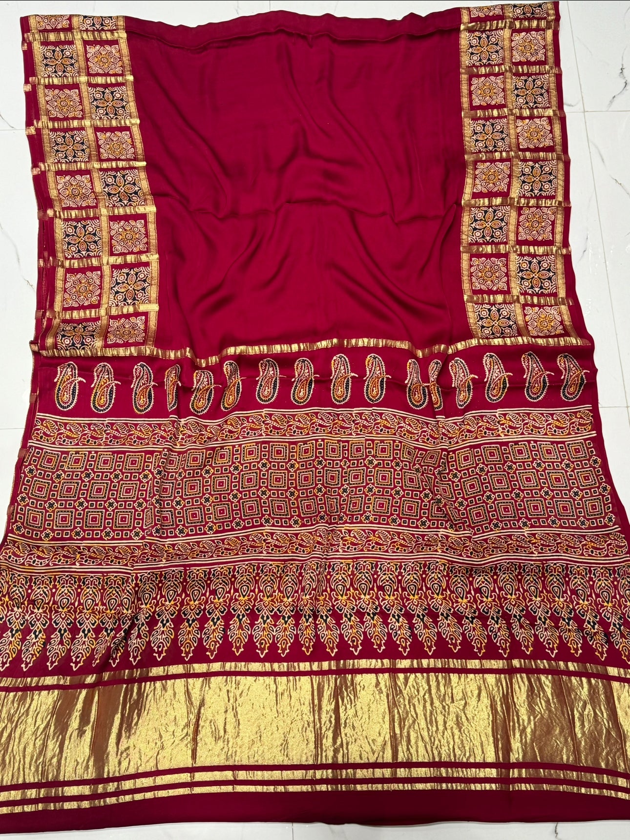 Maroon Ajrakh Gharchola Border Hand Block Pure Modal Silk Saree With Fancy Ajrakh And Zari Pallu 1