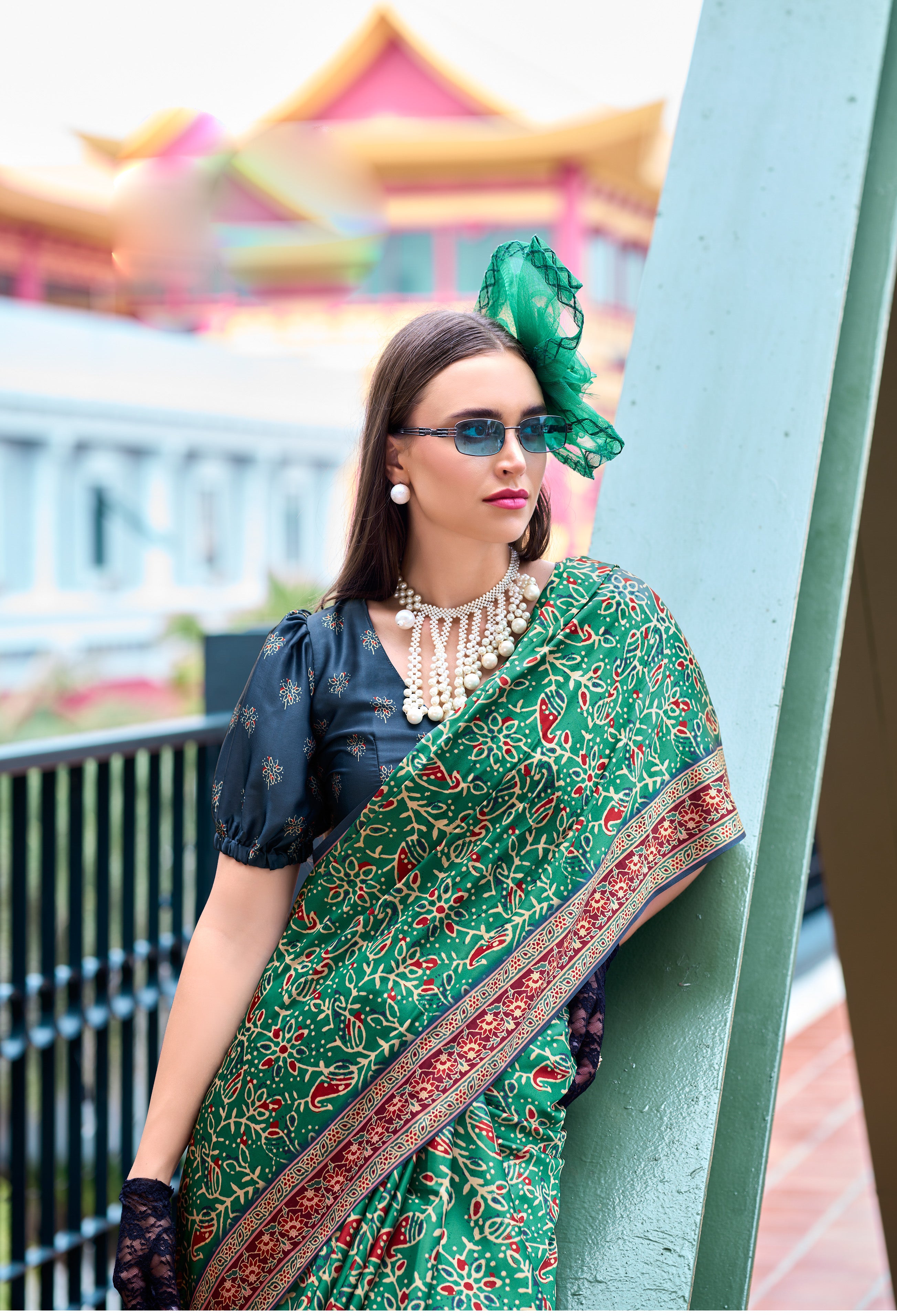 Green Tone Easy Wear Ajrakh Printed Satin Crepe Saree