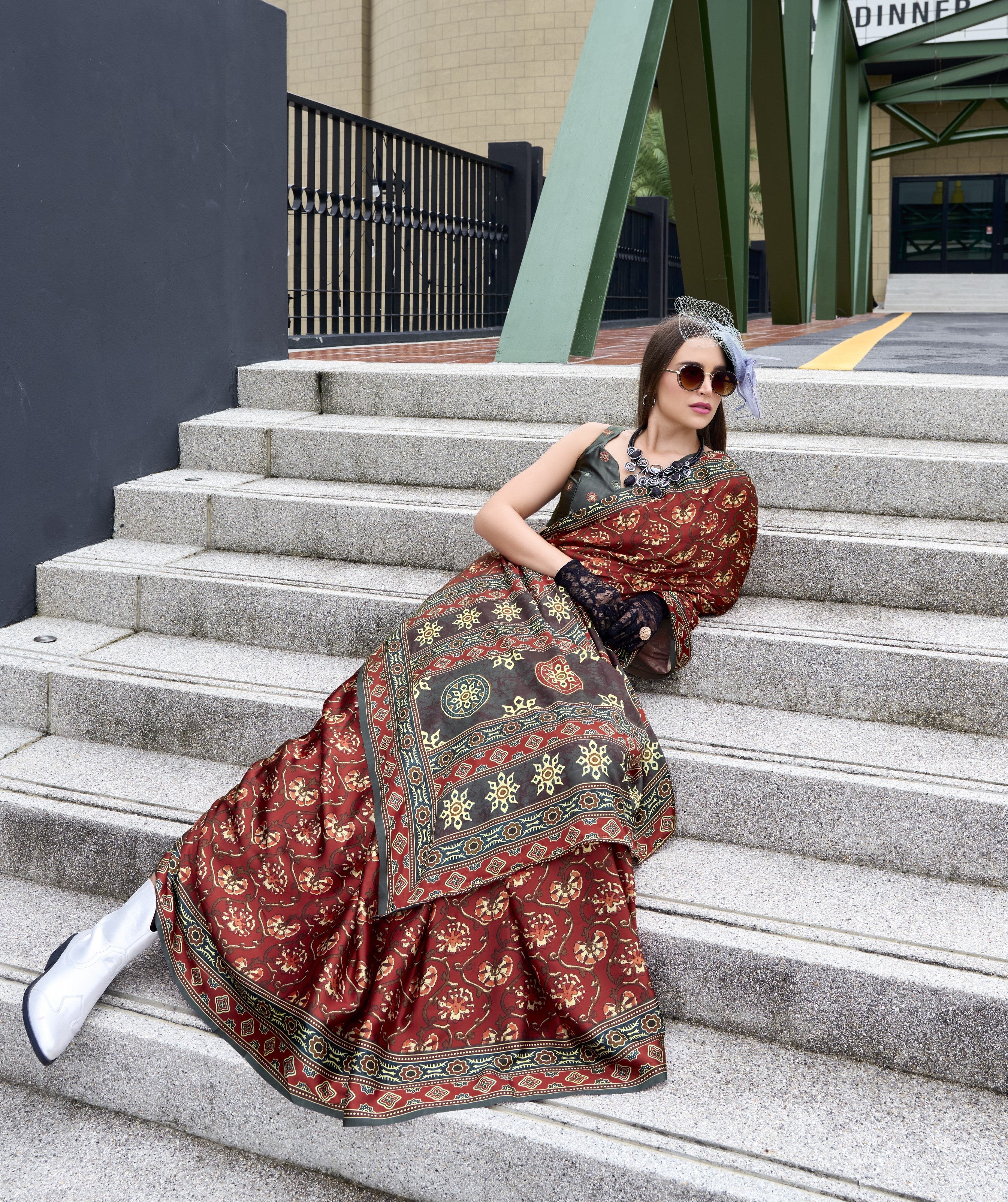 Modern Office Wear Ajrakh Printed Satin Crepe Saree