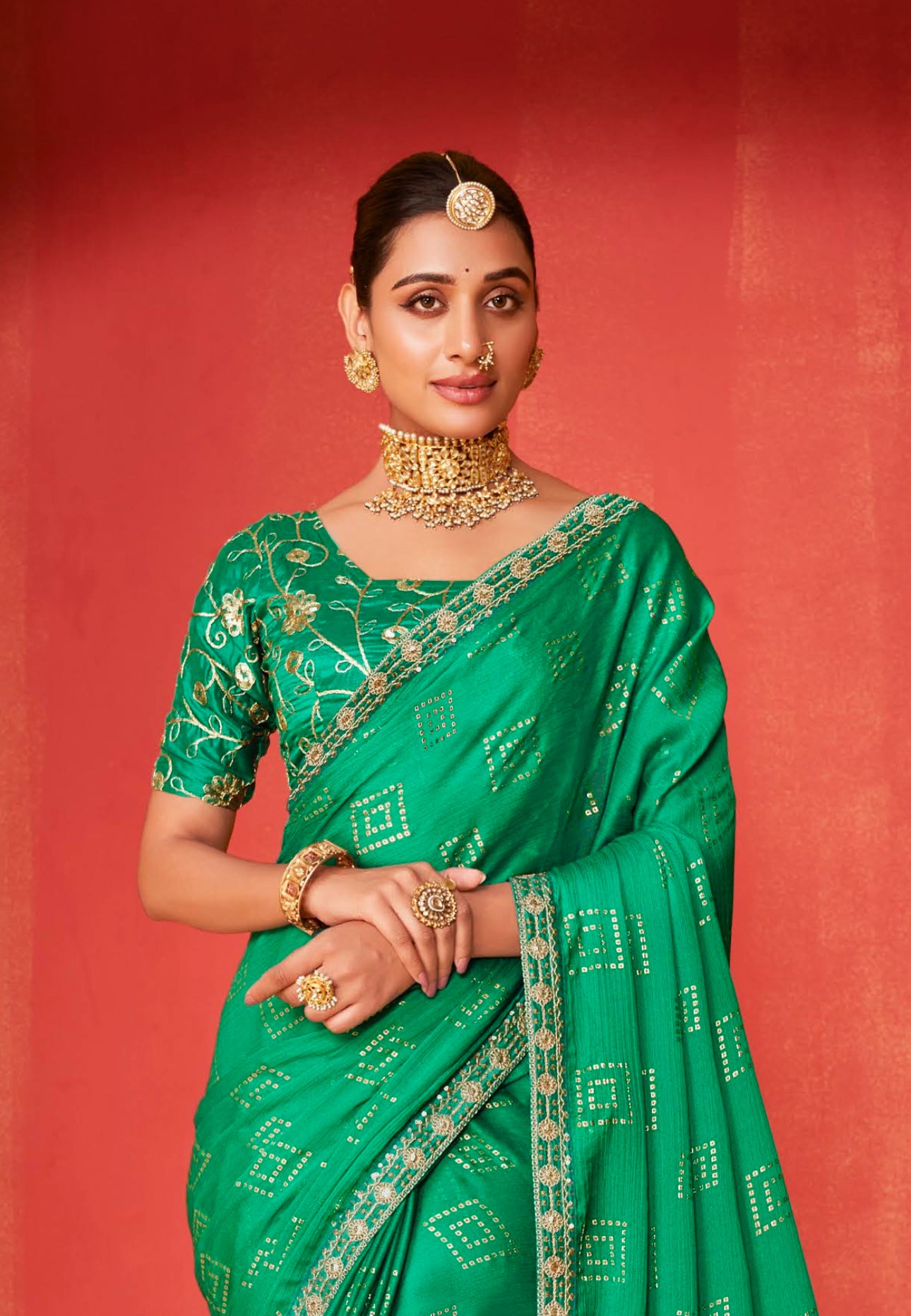 Green Haze Moss Chiffon Foil Mill Print And Embroidery Work Border Saree With Fancy Work Blouse Sbs4