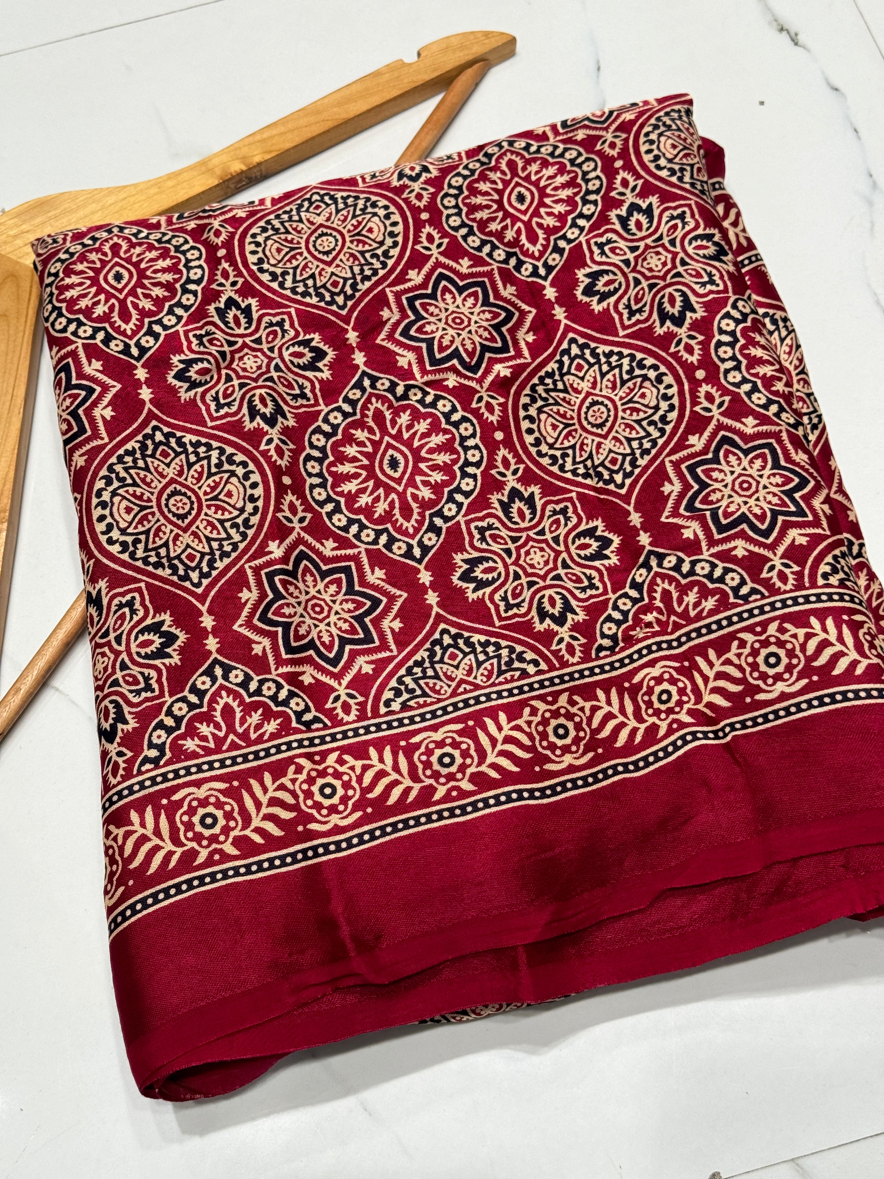 Maroon Ajrakh Hand Block Modal Silk Saree With Fancy Ajrakh Pallu