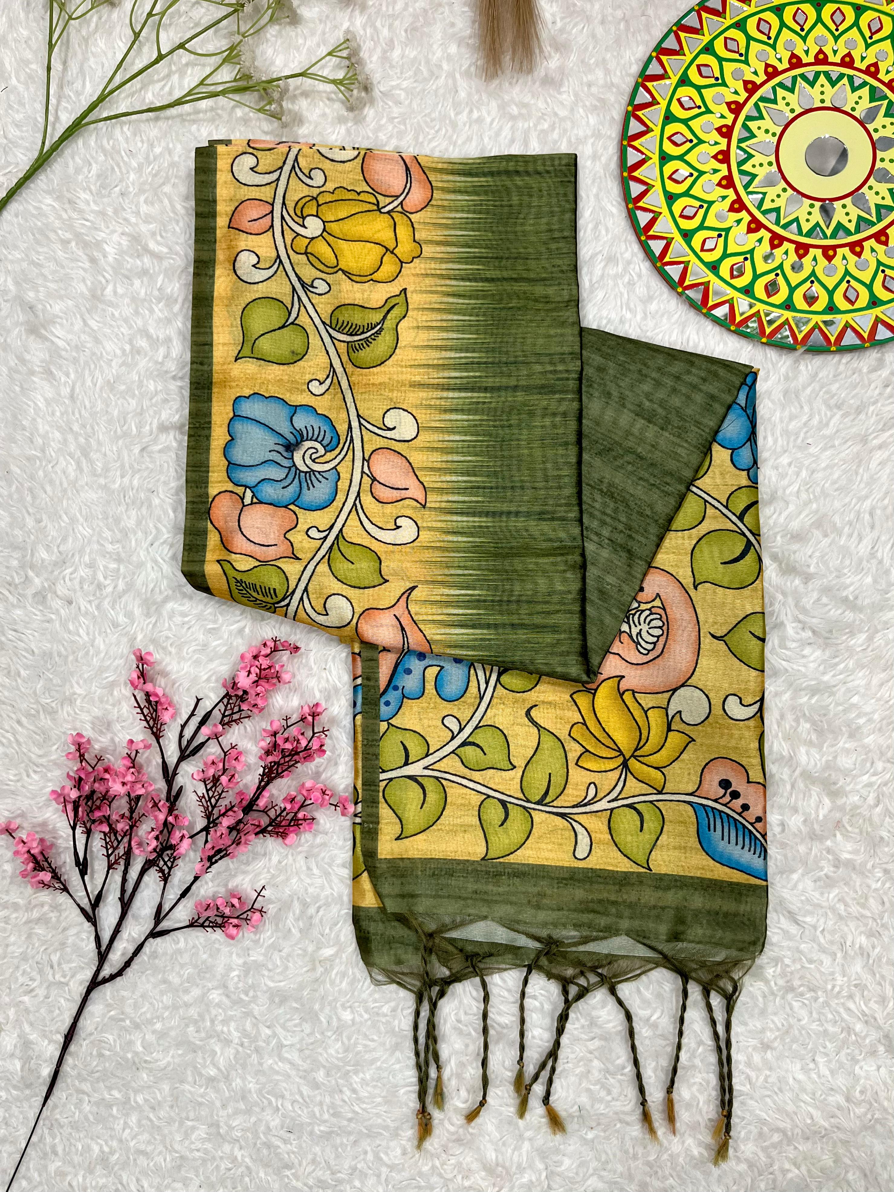 Verdun Green Tussar Silk Kalamkari Printed Saree With Blouse