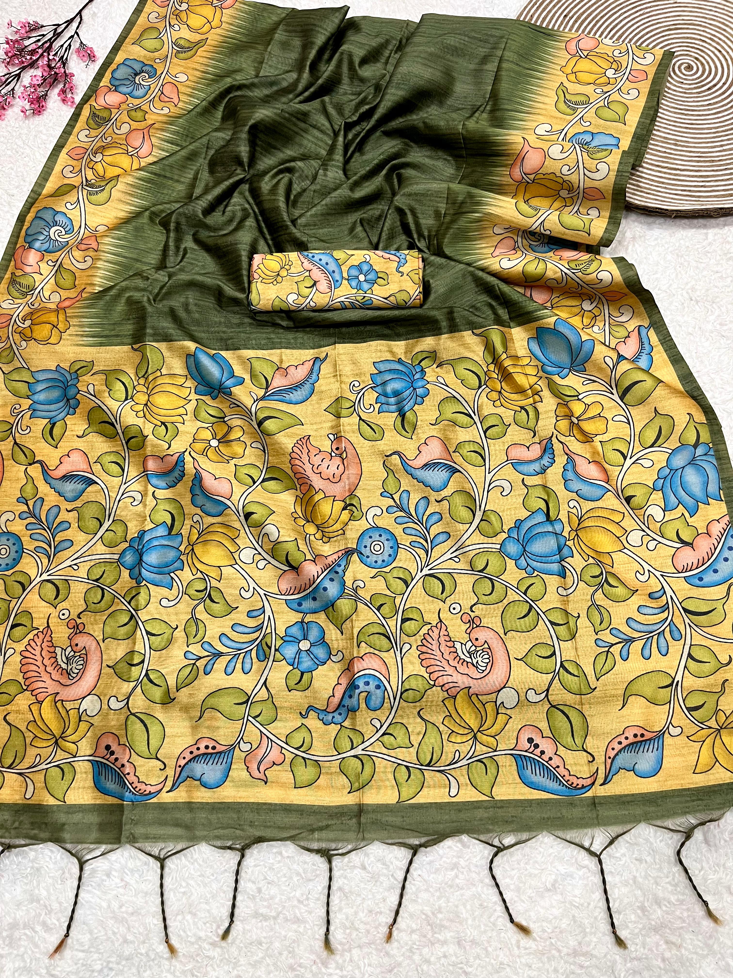 Verdun Green Tussar Silk Kalamkari Printed Saree With Blouse