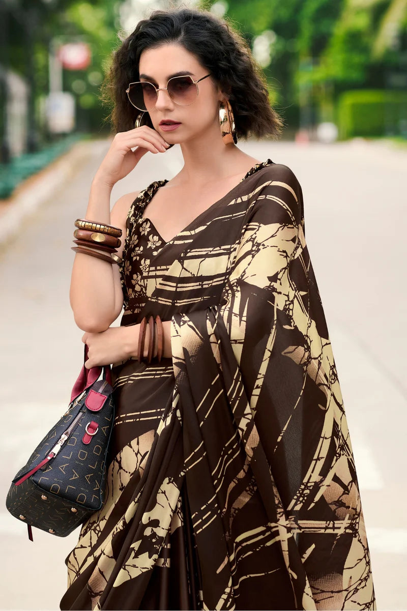 Coffee Fancy Printed Satin Modal Silk Sarees R2