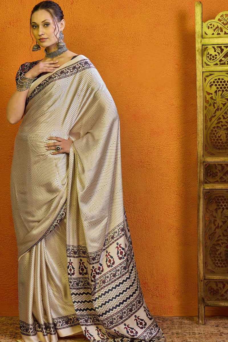 Cream Printed Ajrakh Satin Crepe Saree A2