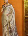 Cream Printed Ajrakh Satin Crepe Saree A2