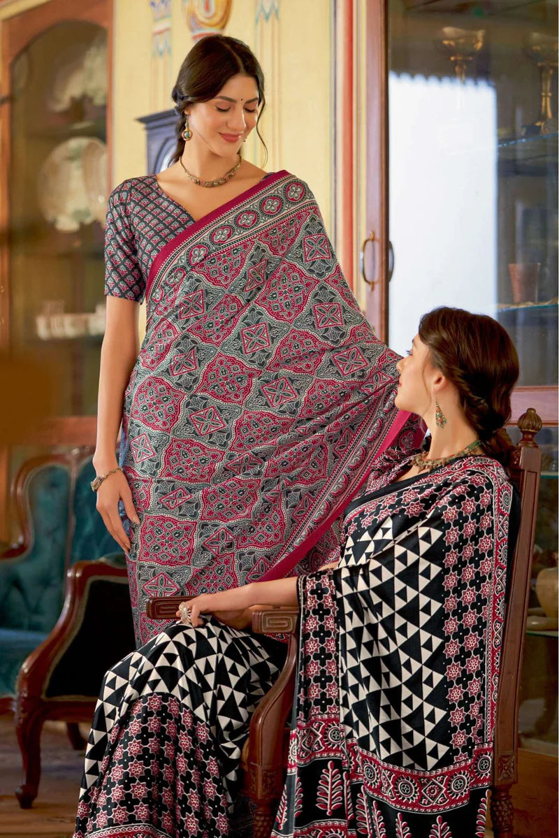 Maroon New Ajrakh Printed Satin Crepe Saree