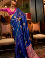 Dark Blue Handloom Woven Banarasi Satin Silk Blend Saree