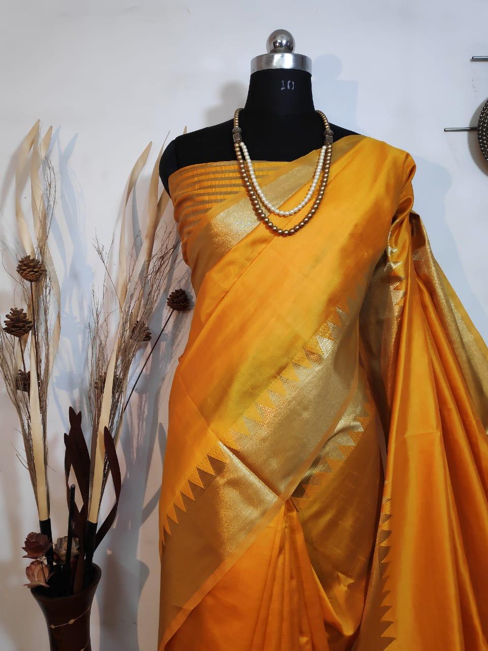 Cadmium Yellow Woven Moss Chiffon Handloom Weaving Silk Saree
